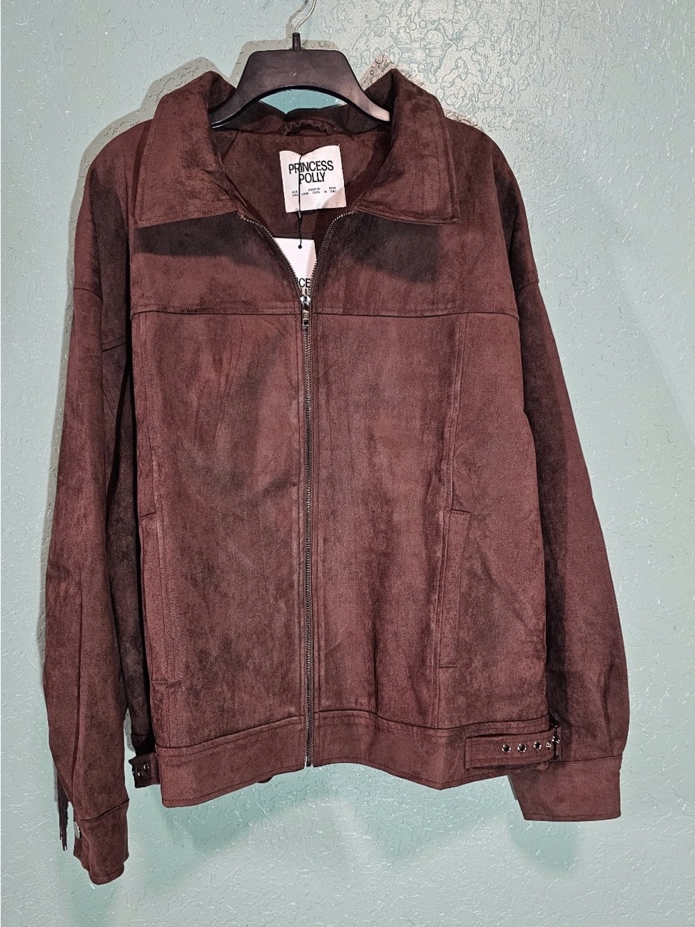 Princess Polly Goldsmith Faux Suede Fringe Bomber Jacket Brown US 6 - Picture 4 of 12